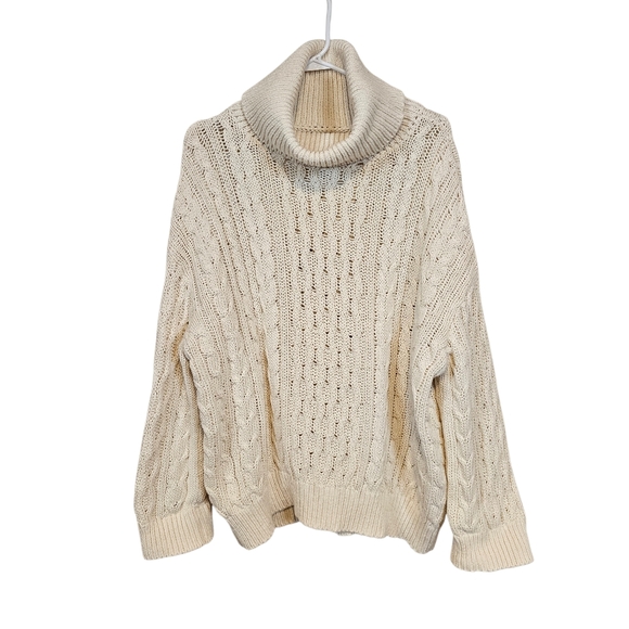 Pilcro Anthropologie Oversized Turtleneck Cable Knit Fisherman Style Cream Sweat - Picture 2 of 11